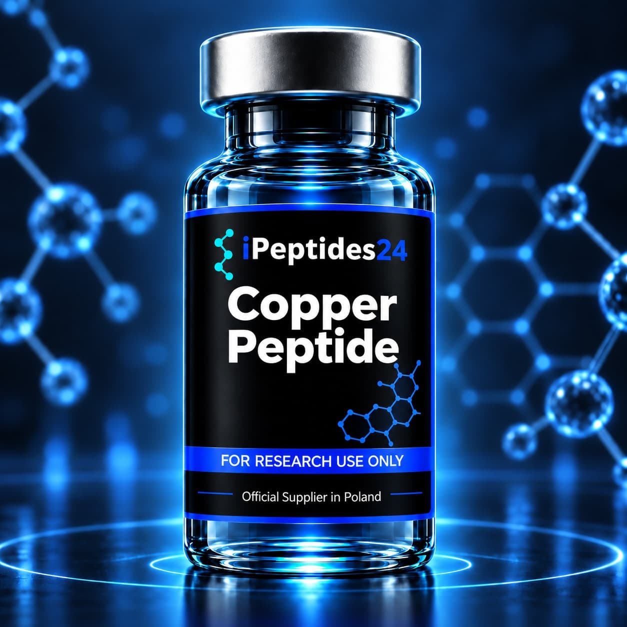 Photorealistic iPeptides24 vial labelled “Copper Peptide” against a dark laboratory background.