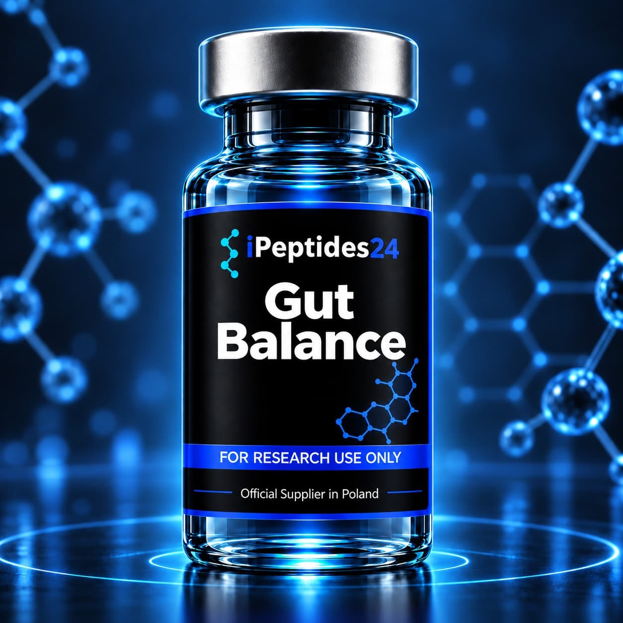 Photorealistic iPeptides24 vial labelled “Gut Balance” against a dark laboratory background.
