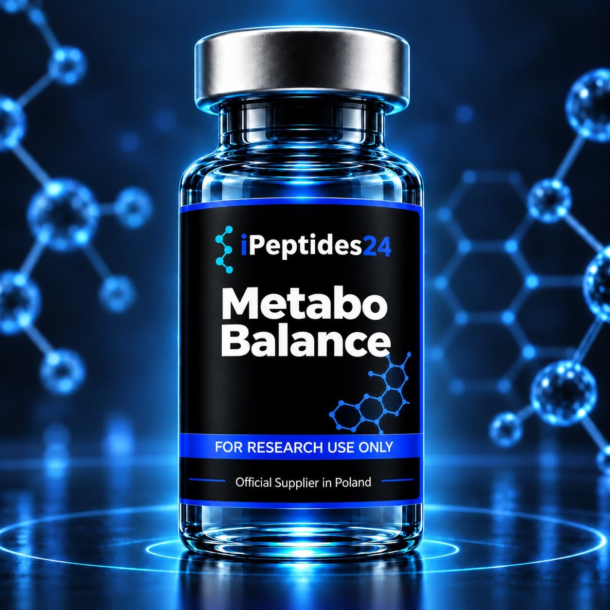 Photorealistic iPeptides24 vial labelled “Metabo Balance” against a dark laboratory background.