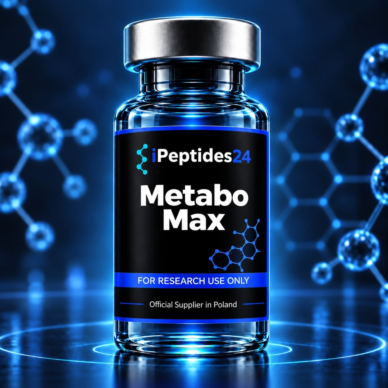 Photorealistic iPeptides24 vial labelled “Metabo Max” against a dark laboratory background.