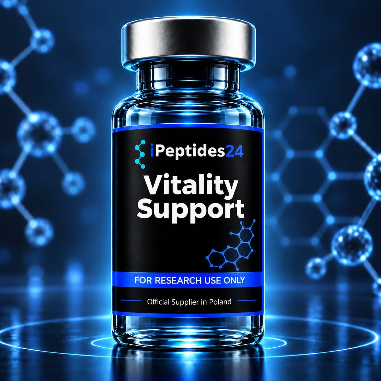 Photorealistic iPeptides24 vial labelled “Vitality Support” against a dark laboratory background.