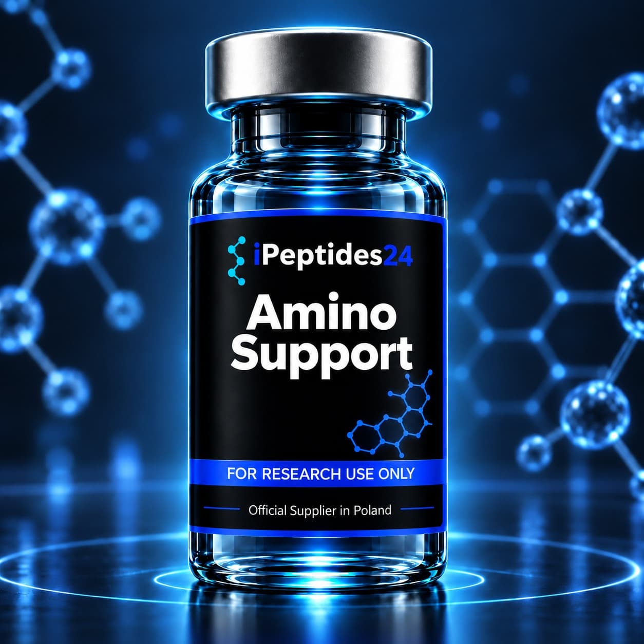 Photorealistic iPeptides24 vial labelled “Amino Support” against a dark laboratory background.