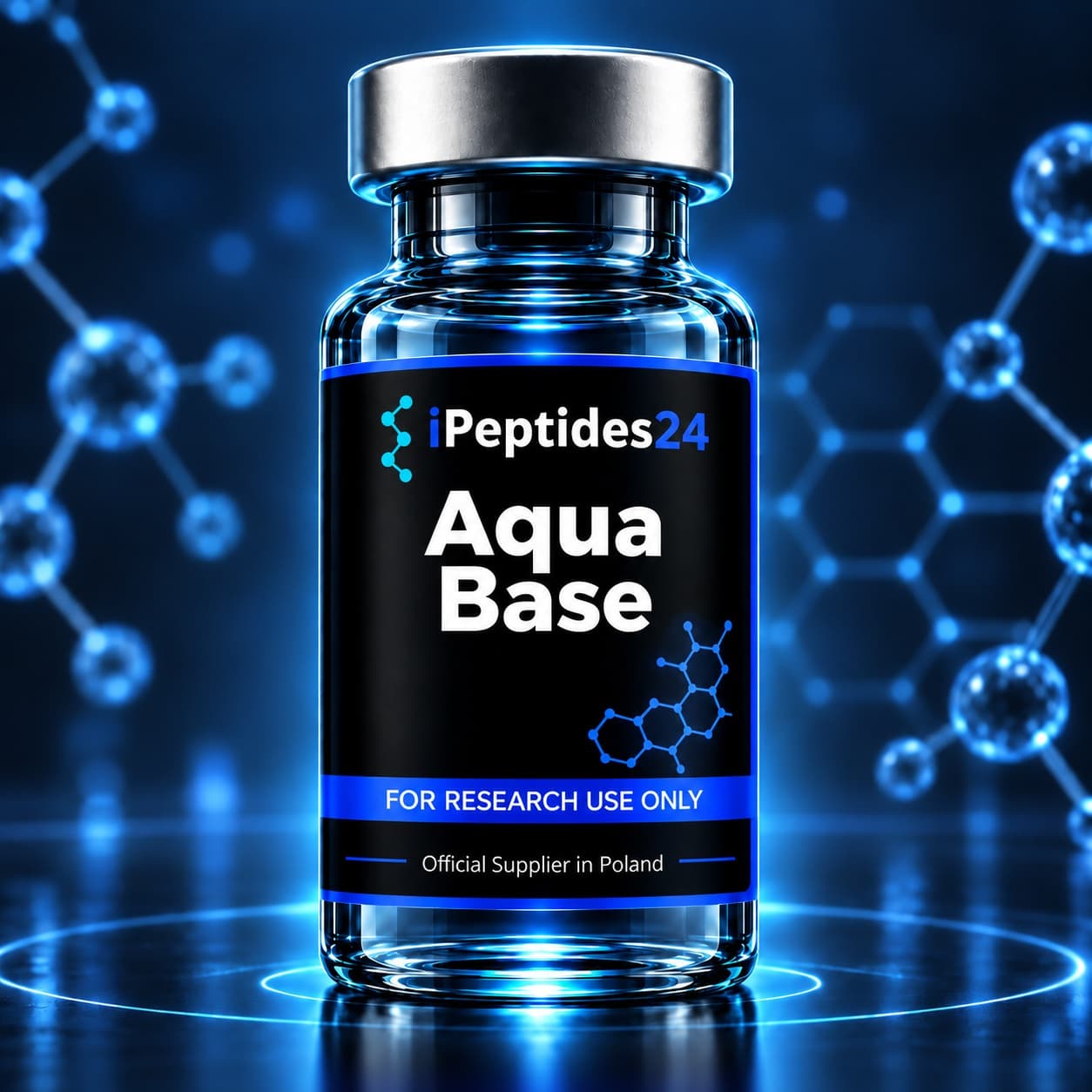 Photorealistic iPeptides24 vial labelled “Aqua Base” against a dark laboratory background.