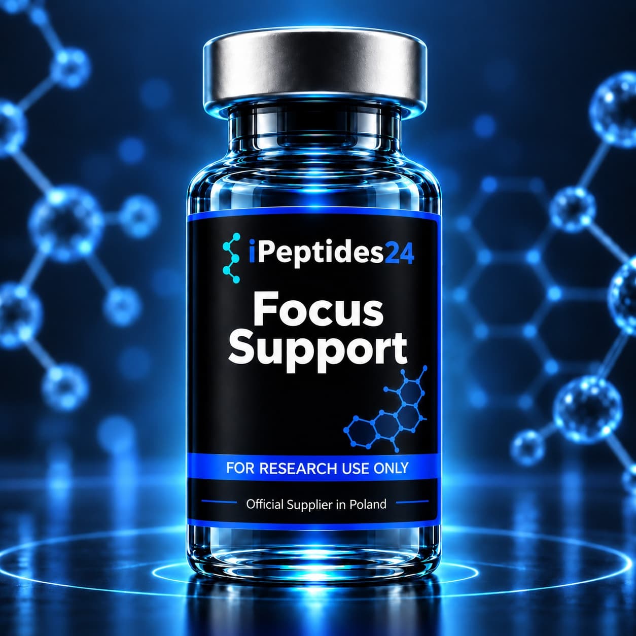 Photorealistic iPeptides24 vial labelled “Focus Support” against a dark laboratory background.
