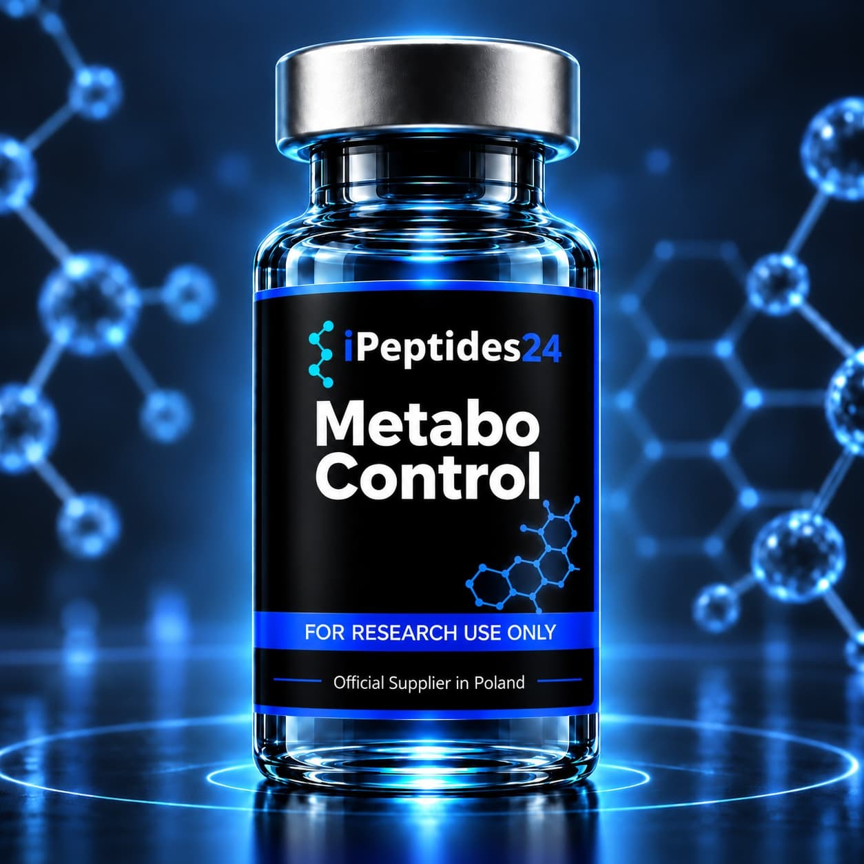 Photorealistic iPeptides24 vial labelled “Metabo Control” against a dark laboratory background.
