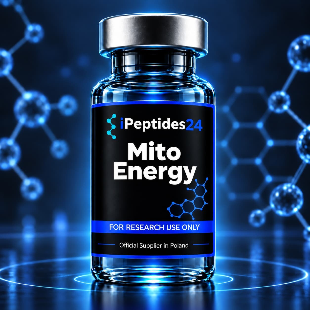 Photorealistic iPeptides24 vial labelled “Mito Energy” against a dark laboratory background.