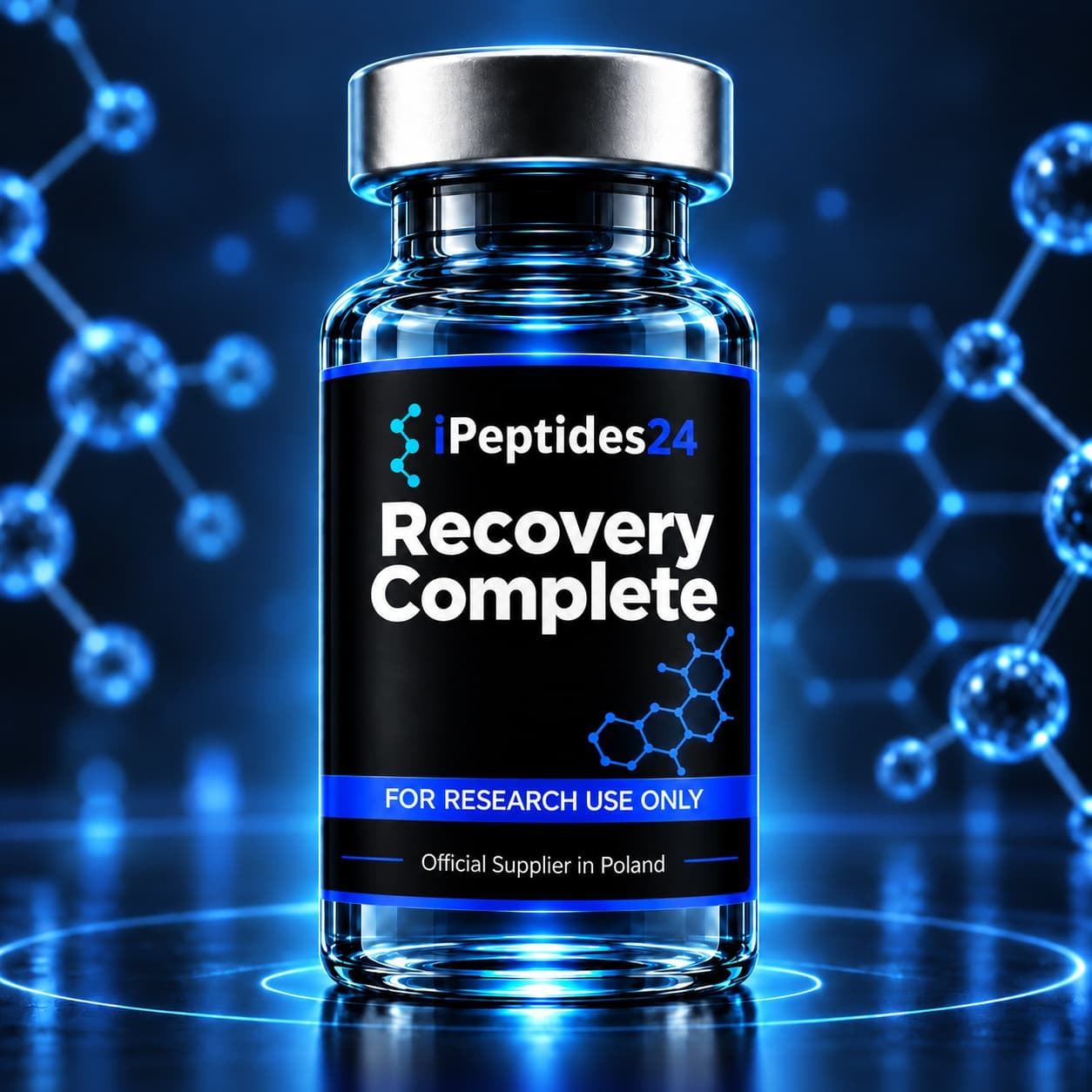 Photorealistic iPeptides24 vial labelled “Recovery Complete” against a dark laboratory background.