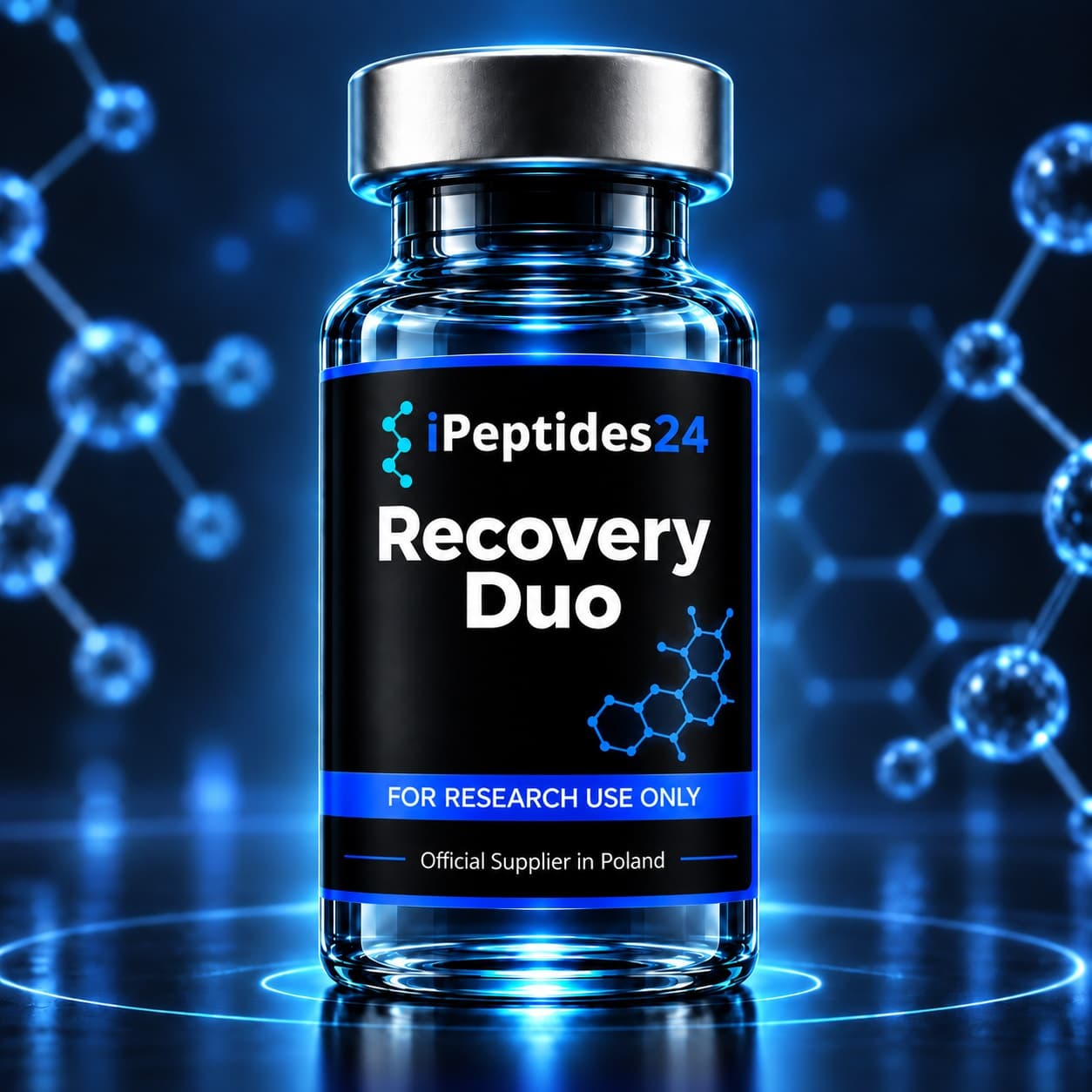 Photorealistic iPeptides24 vial labelled “Recovery Duo” against a dark laboratory background.