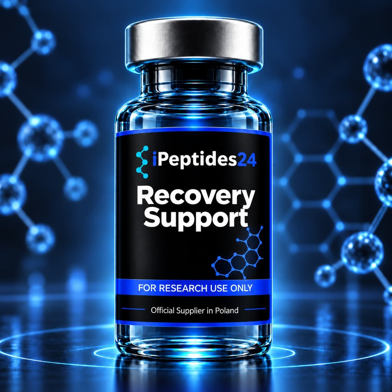 Photorealistic iPeptides24 vial labelled “Recovery Support” against a dark laboratory background.
