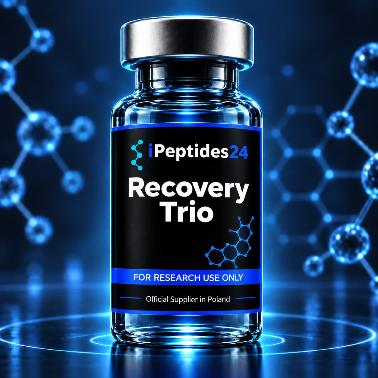 Photorealistic iPeptides24 vial labelled “Recovery Trio” against a dark laboratory background.