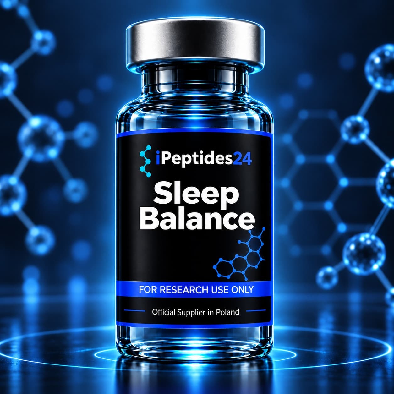 Photorealistic iPeptides24 vial labelled “Sleep Balance” against a dark laboratory background.
